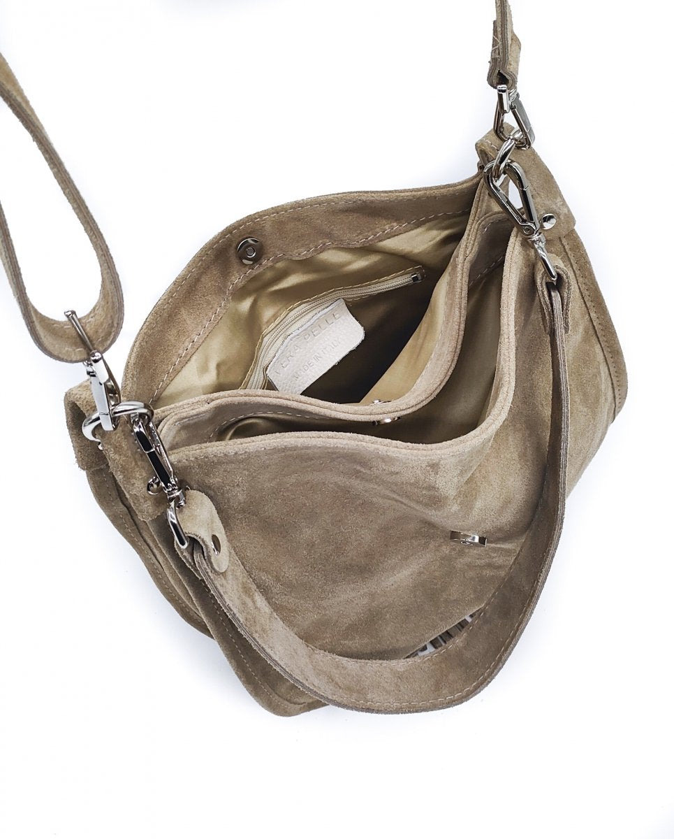 NOWOŚĆ ZAMSZOWA LISTONOSZKA TOREBKA BEŻOWA TAUPE Z FRĘDZLEM VERA PELLE