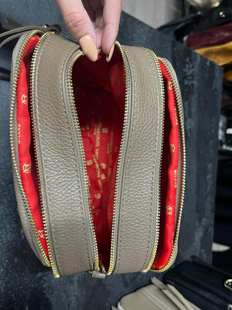 NOWOŚĆ Skórzana torebka Massimo Contti 3 komory TAUPE