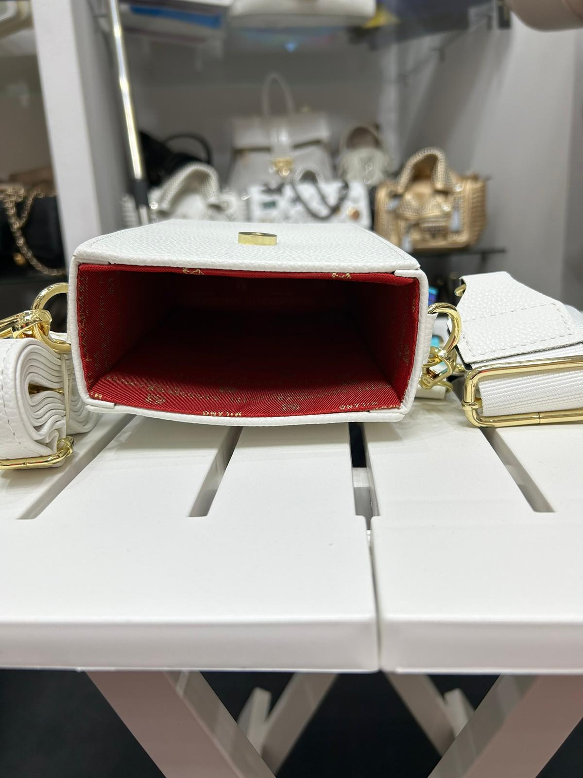 Massimo Contti rowerówka skórzana ekologiczna 2w1 wymienna klapka biała złota - TRZY PASKI