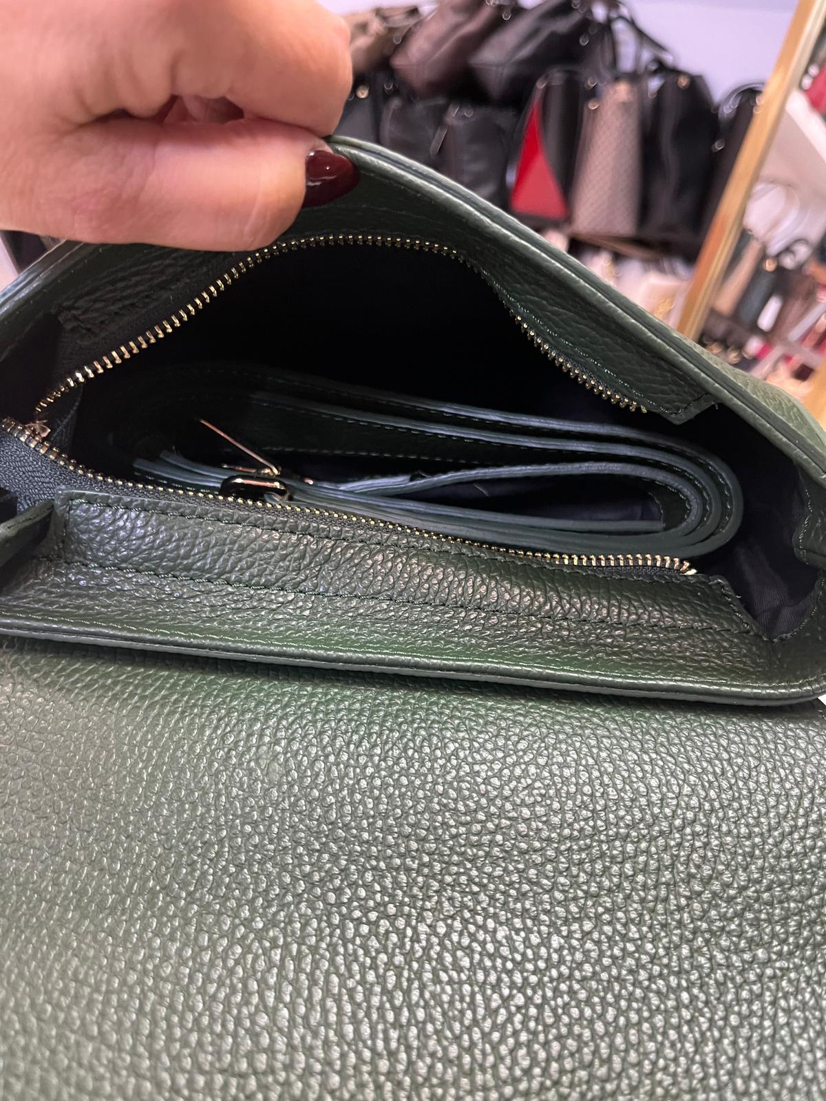 NOWOŚĆ Włoska czarna torebka listonoszka szeroki pasek skóra naturalna zielona