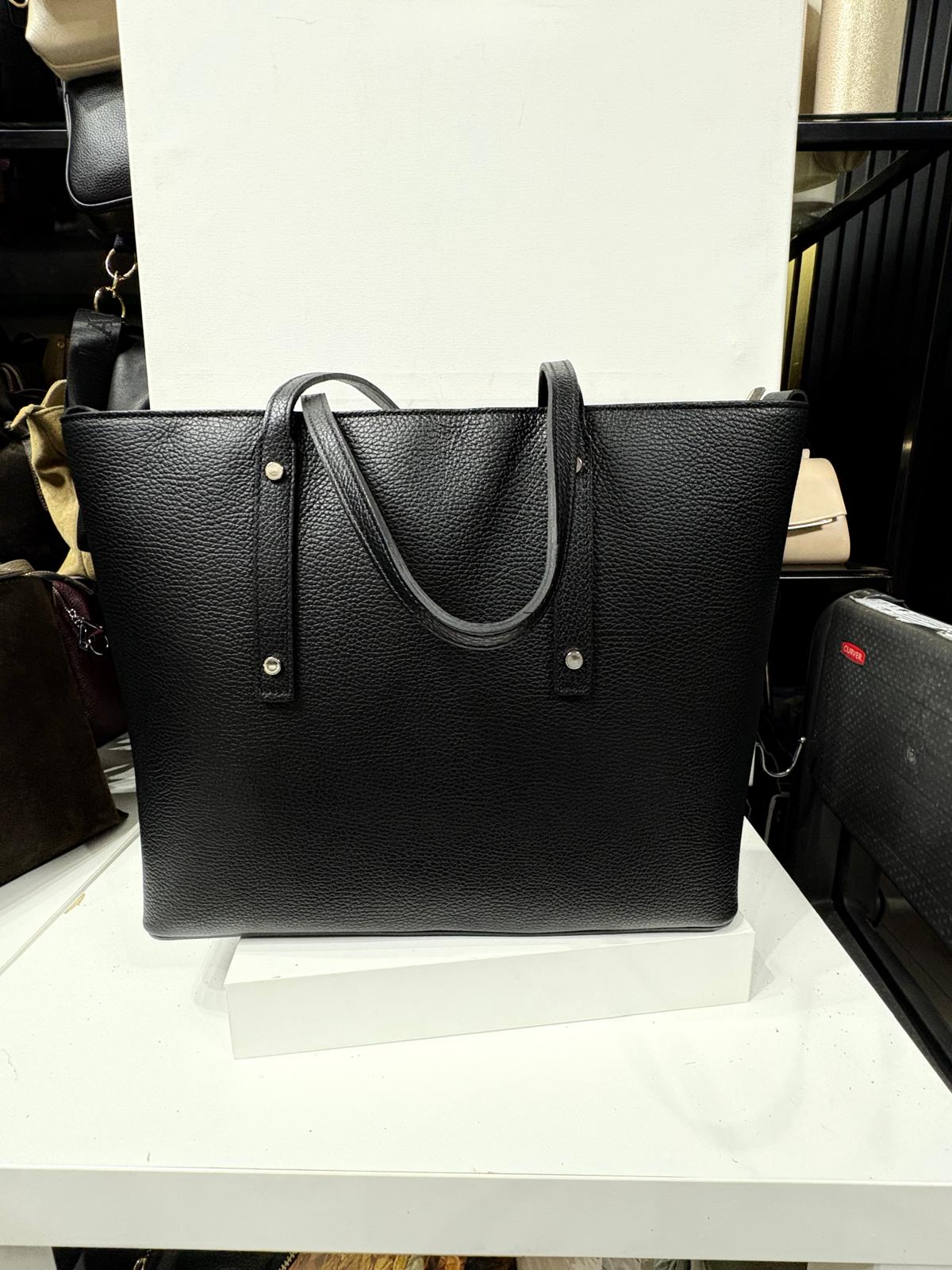 NOWOŚĆ Duża czarna włoska torba skórzana - shopper bag VEZZE