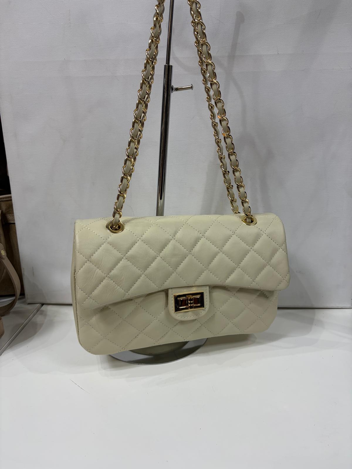 Nowość Torebka Chanelka Laura Biaggi skóra naturalna Jasny Beż