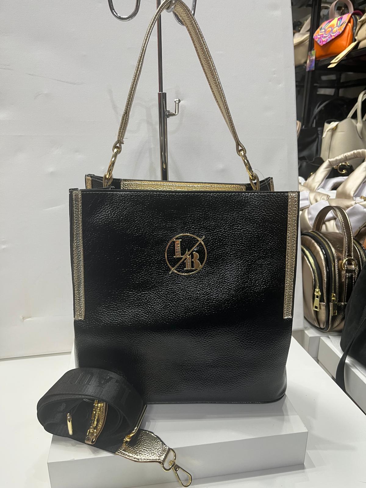 NOWOŚĆ Torebka shopper Laura Biaggi czarno złota listonoszka KLASYCZNA TORBA Z PASKIEM NA RAMIE