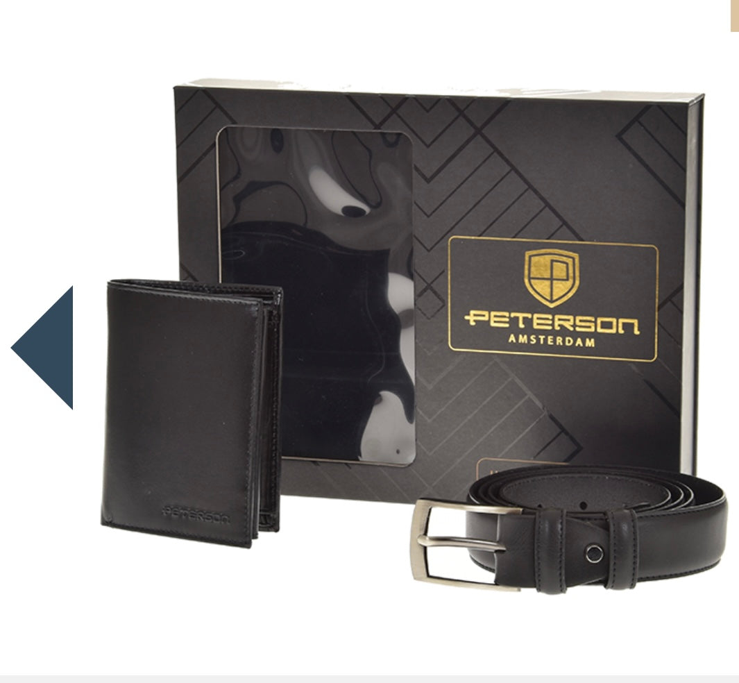 Nowość Zestaw męski, prezentowy skórzany portfel męski i pasek PETERSON skóra naturalna