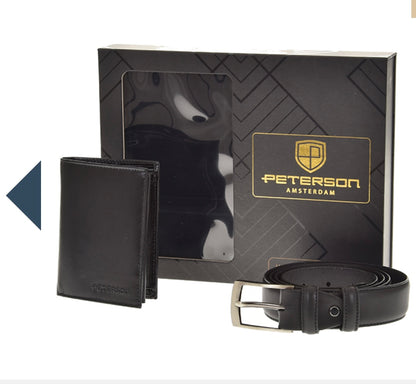 Nowość Zestaw męski, prezentowy skórzany portfel męski i pasek PETERSON skóra naturalna