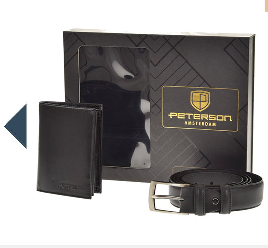 Nowość Zestaw męski, prezentowy skórzany portfel męski i pasek PETERSON skóra naturalna