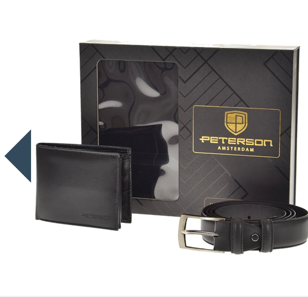 Nowość Zestaw męski, prezentowy skórzany portfel męski i pasek PETERSON skóra naturalna