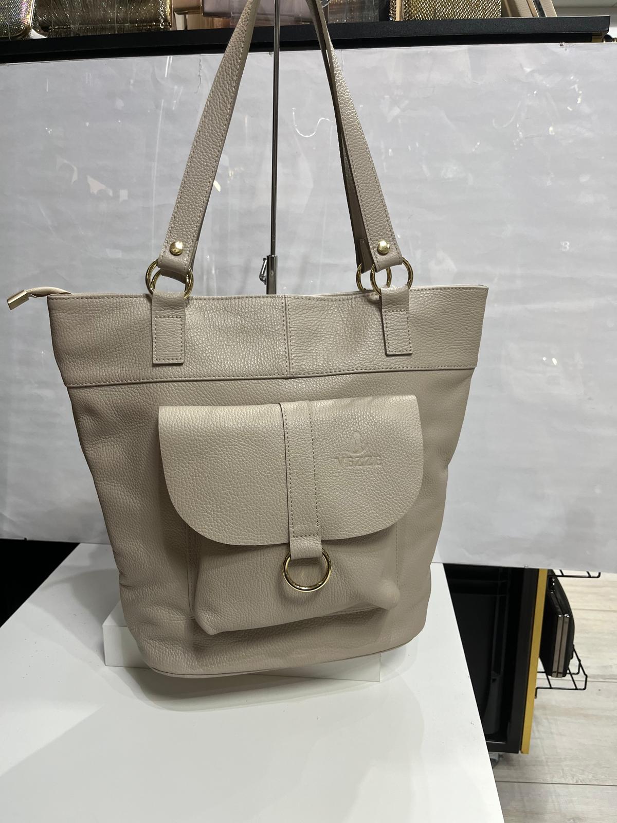 Nowość VEZZE ITALY TOREBKA shopper skóra naturalna  klasyczna NA RAMIĘ Chłodny Beż