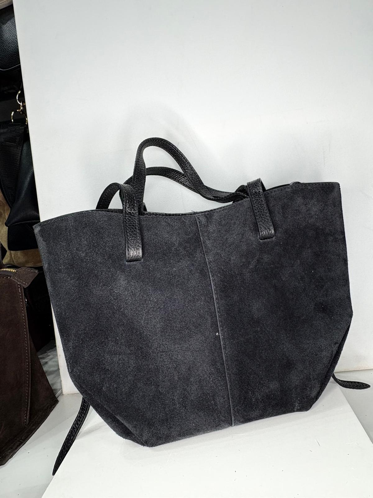 NOWOŚĆ VERA PELLE torebka damska łódka skóra naturalna plus zamsz naturalny ITALY czarna