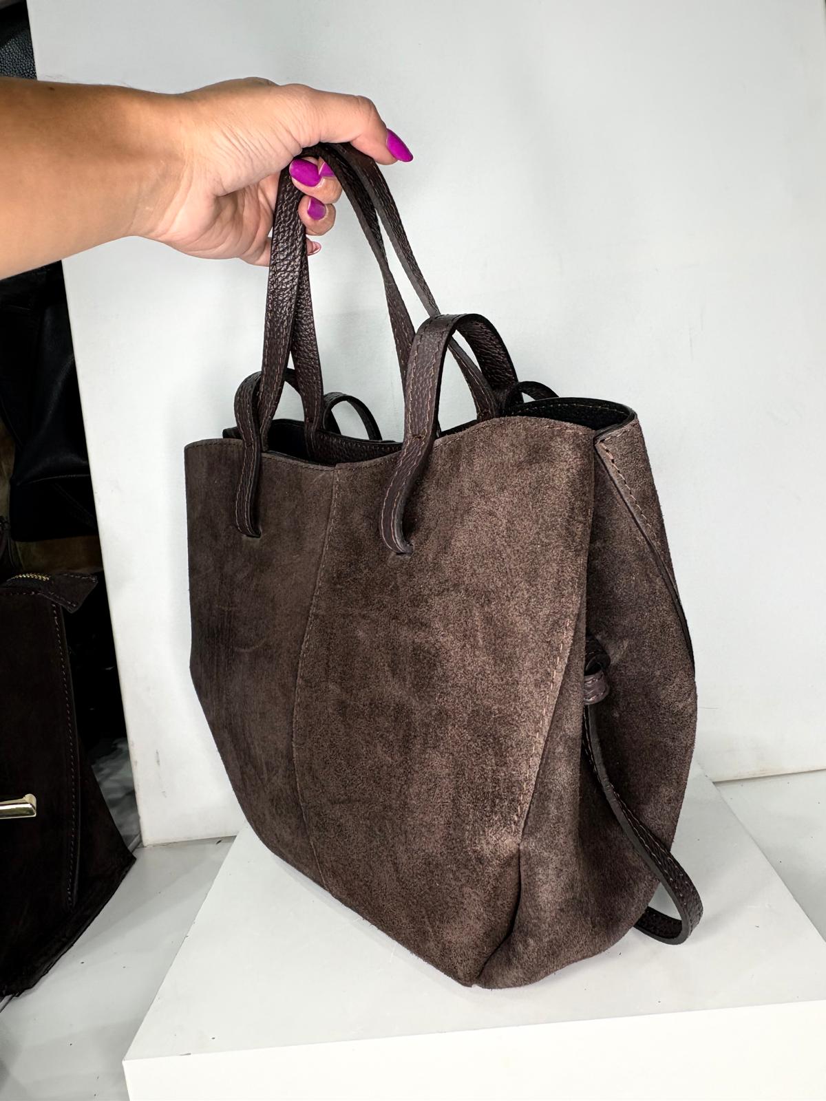 NOWOŚĆ VERA PELLE torebka damska  zamsz naturalny ITALY CZEKOLADA