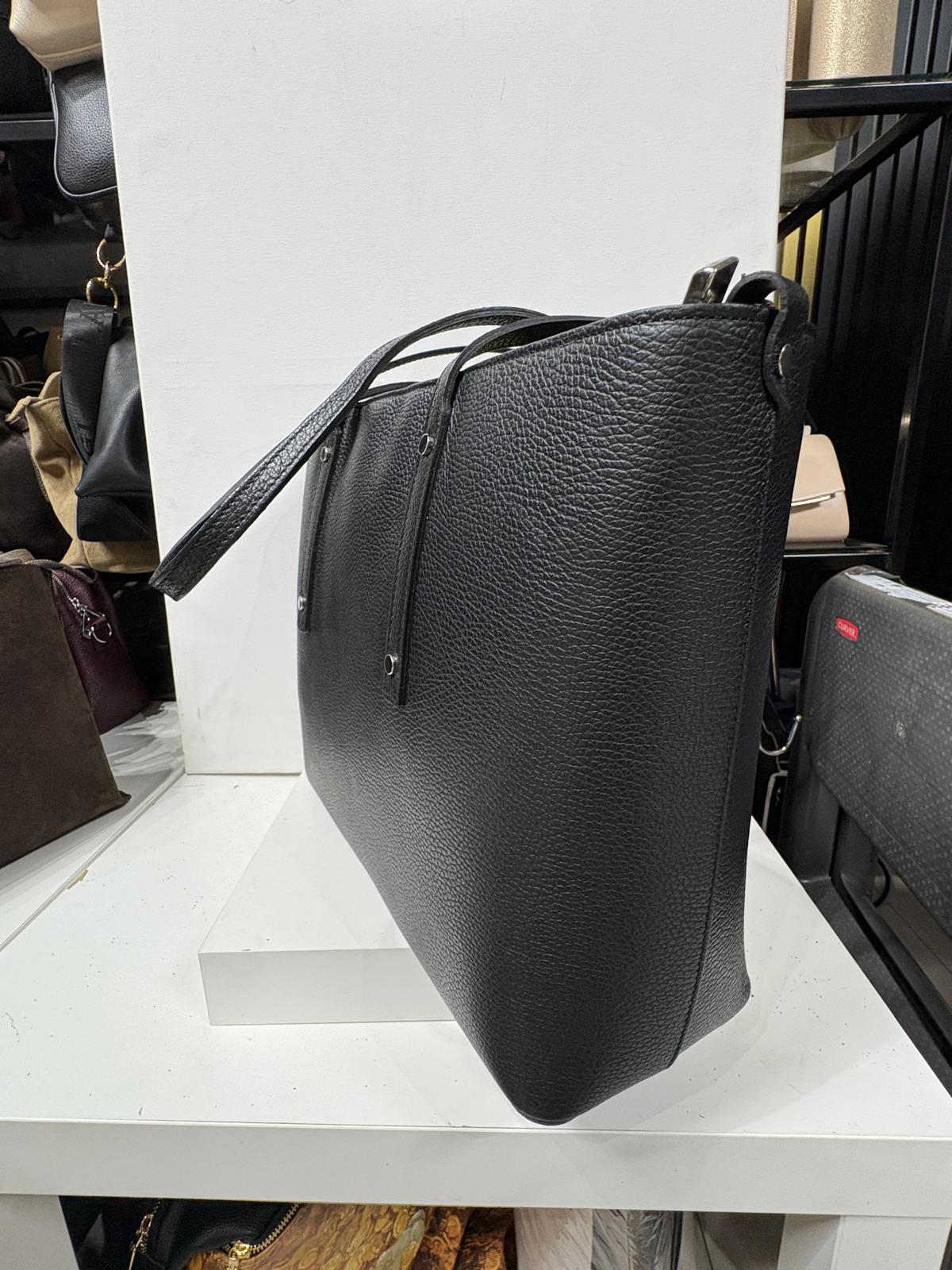 NOWOŚĆ Duża czarna włoska torba skórzana - shopper bag VEZZE