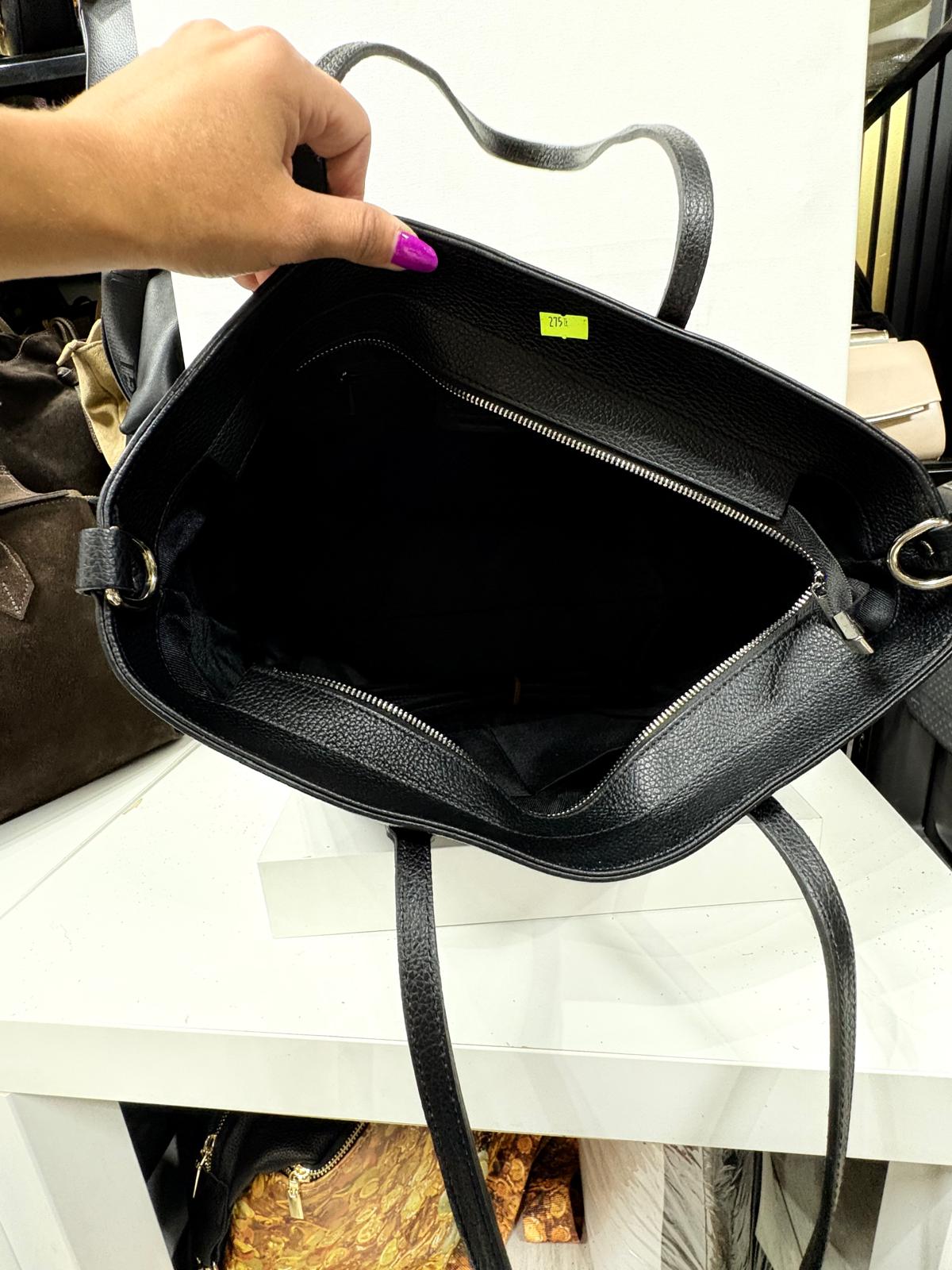 NOWOŚĆ Duża czarna włoska torba skórzana - shopper bag VEZZE