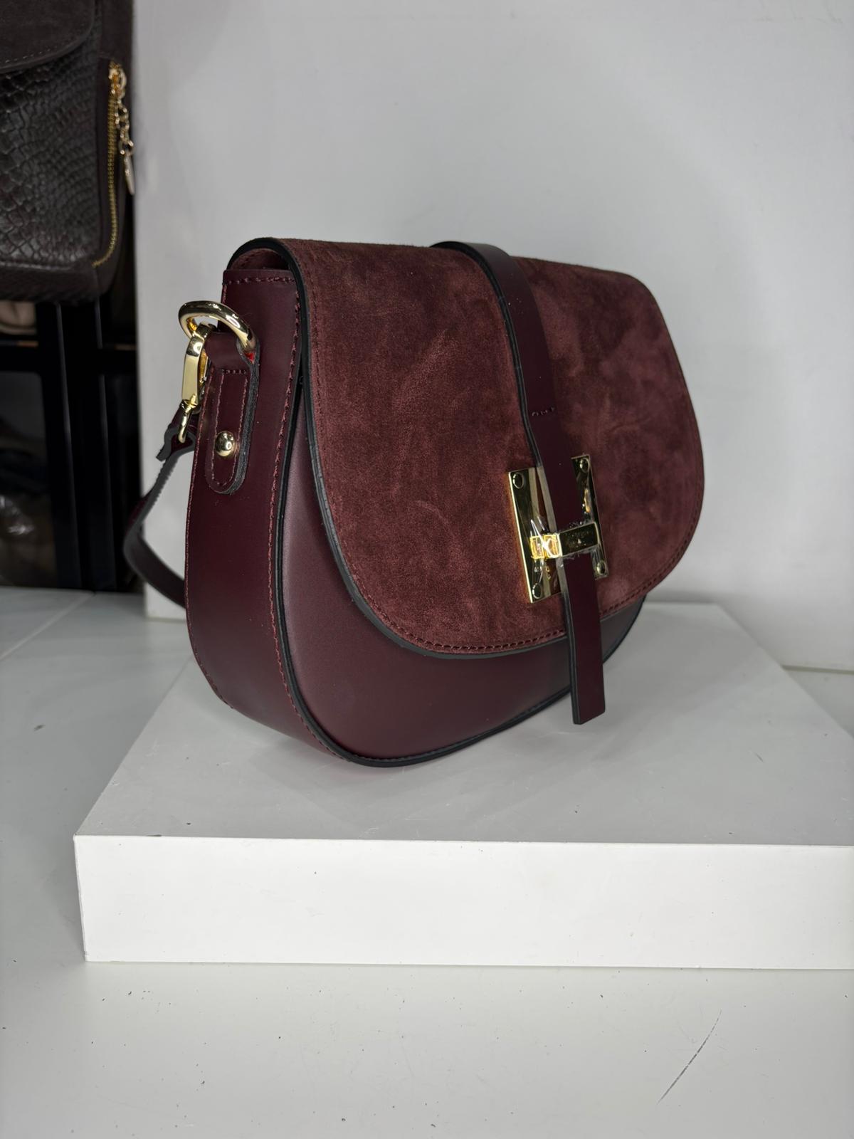 NOWOŚĆ Torebka zamsz naturalny + skóra naturalna bordo włoska