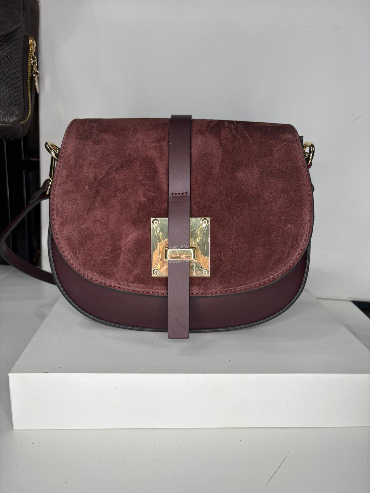 NOWOŚĆ Torebka zamsz naturalny + skóra naturalna bordo włoska