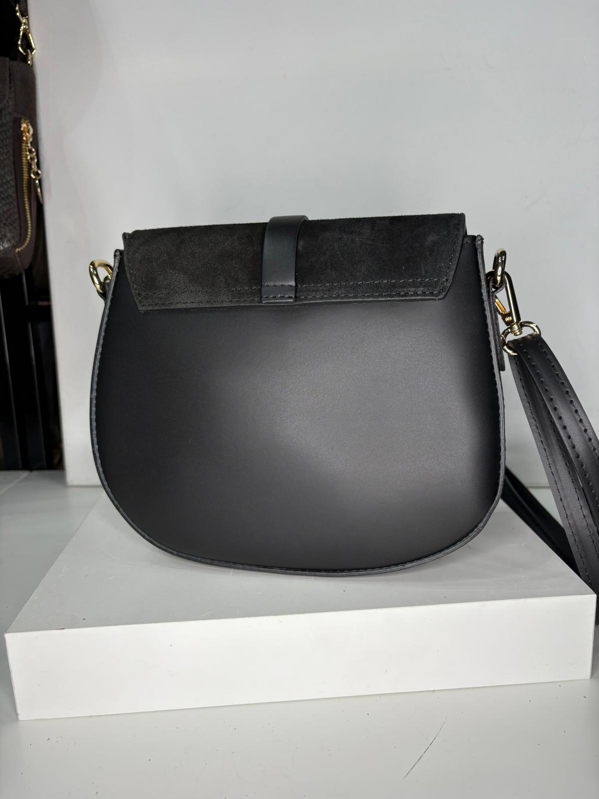 NOWOŚĆ Torebka zamsz naturalny + skóra naturalna czarna włoska