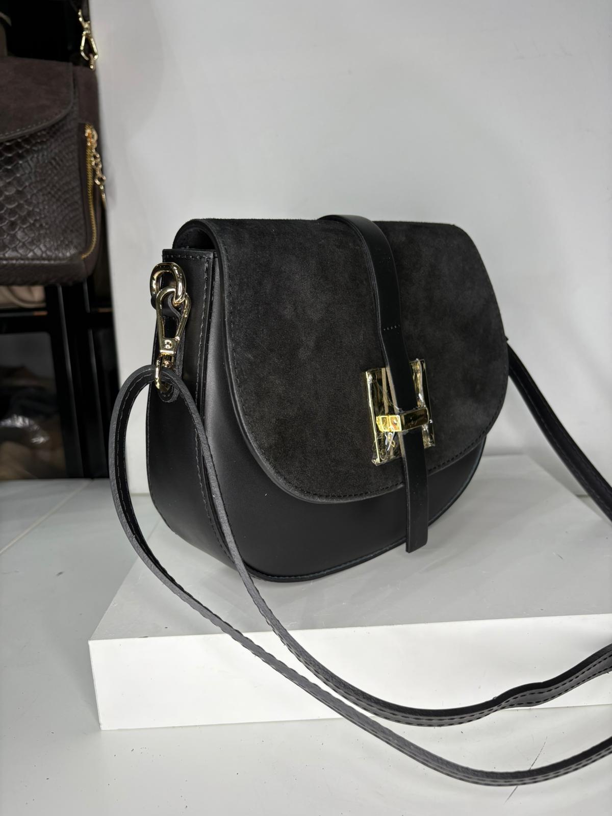 NOWOŚĆ Torebka zamsz naturalny + skóra naturalna czarna włoska