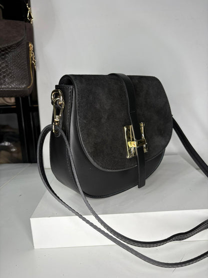 NOWOŚĆ Torebka zamsz naturalny + skóra naturalna czarna włoska