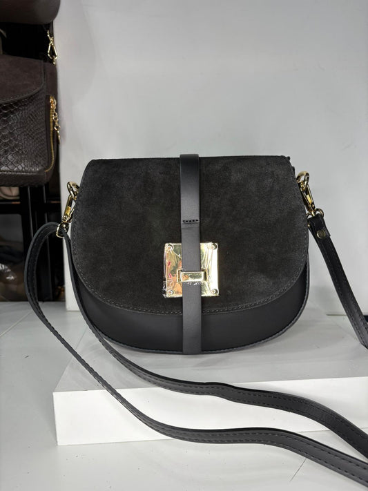 NOWOŚĆ Torebka zamsz naturalny + skóra naturalna czarna włoska