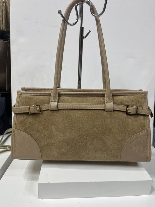 NOWOŚĆ ITALY TOREBKA SHOPPER KOSZYCZEK ZAMSZ NATURALNY BEŻOWY