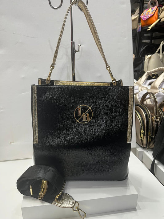 NOWOŚĆ Torebka shopper Laura Biaggi czarno złota listonoszka KLASYCZNA TORBA Z PASKIEM NA RAMIE